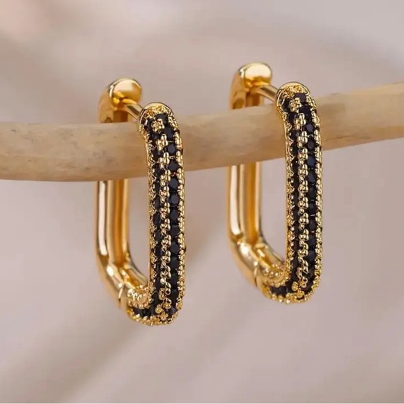 Black and Gold Rectangle Hoops - Picture 3 of 5